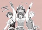  1girl artist_name asato_kuduki breasts closed_eyes gensou_suikoden gensou_suikoden_ii gloves greyscale hairband headband jowy_atreides-blight monochrome mukumuku multiple_boys nanami_(suikoden) open_mouth riou_(gensou_suikoden) short_hair simple_background smile v 