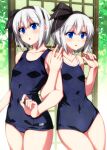  2girls alternate_costume bangs bare_shoulders black_hairband black_ribbon black_swimsuit blue_eyes blush breasts collarbone commentary_request door double_v eyebrows_visible_through_hair eyelashes fingernails hair_between_eyes hairband hands_up highres konpaku_youmu konpaku_youmu_(ghost) leaf looking_at_viewer multiple_girls open_mouth ribbon sazanami_mio short_hair silver_hair sky small_breasts standing swimsuit touhou tree v white_sky 