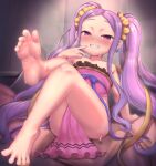  1girl bangs bare_shoulders barefoot breasts collarbone dress fate/grand_order fate_(series) feet forehead grin hair_ornament hair_scrunchie legs long_hair looking_at_viewer parted_bangs pelvic_curtain purple_dress purple_eyes purple_hair scrunchie shinovi sidelocks sitting small_breasts smile soles solo sweat toes twintails very_long_hair wu_zetian_(fate) yellow_scrunchie 