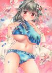  1girl bikini blue_bikini blue_swimsuit breasts cleavage flower grey_hair hand_to_own_mouth highres jingei_(kancolle) kantai_collection large_breasts looking_at_viewer marker_(medium) navel red_eyes saya_pr solo swimsuit traditional_media underboob 