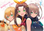  3girls :d anniversary bare_shoulders blonde_hair blue_gloves blush breasts brown_hair commentary_request copyright dubrovnik_(oshiro_project) eyebrows_visible_through_hair gloves green_eyes hair_ribbon kunouzan_(oshiro_project) kuwana_(oshiro_project) large_breasts long_hair looking_at_viewer mk_(masatusaboten) multiple_girls orange_gloves oshiro_project oshiro_project_re ribbon second-party_source short_hair side_ponytail sleeveless smile upper_body v yellow_ribbon 