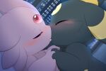  3:2 ambiguous/ambiguous ambiguous_gender black_body black_fur blush bodily_fluids duo eeveelution entwined_fingers espeon eyes_closed feral french_kissing fur hi_res hirochanu kissing mammal nintendo pink_body pink_fur pok&eacute;mon pok&eacute;mon_(species) romantic romantic_ambiance romantic_couple saliva saliva_string tongue_to_tongue umbreon video_games 