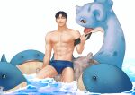  bangs black_hair brown_eyes day lapras looking_at_viewer male_focus male_swimwear nipples open_mouth outdoors parted_bangs pbmoon_dd pokemon pokemon_(creature) short_hair sitting swim_trunks toned toned_male wailmer water wet white_background 