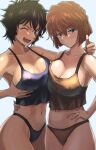  2girls ;d blonde_hair breast_grab breast_press breasts brown_hair camisole covered_nipples didd_ley fang glaring grabbing haibara_ai highres jitome large_breasts meitantei_conan midriff miyano_shiho multiple_girls navel one_eye_closed panties sera_masumi short_hair smile symmetrical_docking thumbs_up underwear underwear_only 