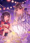  2girls alternate_costume bangs brown_hair eyebrows_visible_through_hair flower hair_flower hair_ornament highres himekaidou_hatate hinasumire japanese_clothes kimono lantern long_hair looking_at_viewer multiple_girls nail_polish night night_sky no_hat no_headwear obi pointy_ears purple_nails red_eyes sash shameimaru_aya sky smile striped touhou wide_sleeves yukata 