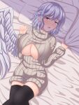  1girl absurdres angel_wings baketsumuri bed_sheet black_legwear blush breasts cleavage cleavage_cutout clothing_cutout eyebrows_visible_through_hair feathered_wings highres kishin_sagume large_breasts looking_at_viewer lying on_back pillow purple_eyes short_hair solo sweater thighhighs touhou turtleneck wings 