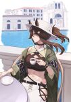  1girl animal_ears arknights bangs black_choker black_shirt breasts brown_hair building chair choker cleavage commentary crop_top cup ears_through_headwear eyebrows_visible_through_hair fedora grey_jacket hair_ornament hat highres hip_vent holding holding_cup horse_ears jacket large_breasts long_hair long_sleeves mari0ball meteor_(arknights) meteor_(bard&#039;s_holiday)_(arknights) midriff navel official_alternate_costume open_clothes open_jacket outdoors pants ponytail profile shirt solo star_(symbol) star_hair_ornament stomach table water white_headwear white_pants 
