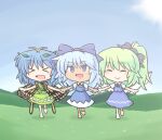  &gt;_&lt; 216 3girls antennae aqua_hair barefoot blue_bow blue_dress blue_eyes blue_hair blue_skirt blue_vest bow butterfly_wings cirno closed_eyes closed_mouth collared_shirt daiyousei dress eternity_larva eyebrows_visible_through_hair fairy fairy_wings full_body green_dress green_hair hair_between_eyes hair_bow ice ice_wings leaf leaf_on_head long_hair multicolored_clothes multicolored_dress multiple_girls open_mouth puffy_short_sleeves puffy_sleeves shirt short_hair short_sleeves skirt smile tanned_cirno touhou vest white_shirt wings 