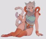  1girl :3 animal_ears apex_legends barefoot blue_eyes blue_nails blue_shirt bracelet cat_ears cat_girl cat_tail claw_pose demon&#039;s_whisper_wraith green_panties grey_background grey_scarf hair_bun highres jewelry kemonomimi_mode multiple_tails nail_polish oinu-chan panties red_legwear scarf shirt sitting sleeveless sleeveless_shirt smile solo tail thighhighs toenail_polish toenails underwear wraith_(apex_legends) 