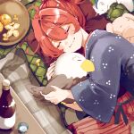  1girl :3 ahoge azuma_aya bangs blush bottle commentary_request food fruit hair_between_eyes hair_bobbles hair_ornament haori indoors japanese_clothes kotatsu lying medium_hair on_side onozuka_komachi orange_(fruit) raijuu red_hair sleeping smile solo table touhou tray two_side_up wine_bottle 