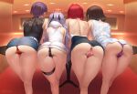  4girls absurdres ange_katrina ass back backless_outfit bare_shoulders belt bent_over black_hair black_panties cameltoe denim denim_skirt dress earrings gundou_mirei highres horns jewelry long_hair multiple_girls nijisanji oni_horns panties pink_panties pointy_ears purple_hair purple_panties red_hair red_panties rindou_mikoto sanuki_(kyoudashya) shiny shiny_skin short_hair skirt sleeveless sleeveless_dress suzuka_utako thigh_strap twintails underwear virtual_youtuber 