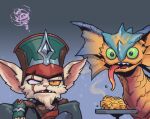  1boy couch fingerless_gloves gloves gradient gradient_background green_background green_headwear honey kled league_of_legends long_tongue one-eyed open_mouth phantom_ix_row scar scar_across_eye sharp_teeth sitting skaarl table teeth tongue yordle 