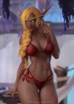  1girl arm_at_side artist_name avatar_(wow) bikini blonde_hair blood_elf_(warcraft) blurry blurry_background borrowed_character braid breasts cleavage closed_mouth commentary cowboy_shot dark-skinned_female dark_skin day depth_of_field english_commentary eva_solo gem glowing glowing_eyes green_eyes hair_over_shoulder hair_tie hand_up highres jewelry large_breasts lips long_eyebrows long_hair long_pointy_ears looking_at_viewer low-tied_long_hair navel navel_piercing nose outdoors patreon_username piercing pointy_ears red_bikini side-tie_bikini single_braid solo standing stomach swimsuit thigh_gap twitter_logo warcraft world_of_warcraft 
