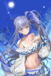  1girl :o a_(sofi3103) absurdres artist_name bare_shoulders bikini bikini_skirt blue_bow blue_choker blue_eyes blue_sky blush bow breasts choker cleavage collarbone cowboy_shot day earrings fate/grand_order fate_(series) frilled_bikini frills hair_bow hand_on_own_chest highres jewelry light_particles long_hair looking_at_viewer meltryllis_(fate) meltryllis_(swimsuit_lancer)_(fate) navel off-shoulder_bikini off_shoulder outdoors parted_lips pointy_ears purple_hair side_ponytail sky small_breasts solo stomach sun swimsuit very_long_hair white_bikini 