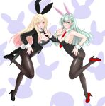  2girls animal_ears between_breasts black_coat black_footwear black_legwear black_leotard blonde_hair bow bowtie breasts cleavage coat coattails commentary_request crossover detached_collar fishnet_legwear fishnets full_body gradient_hair green_eyes green_hair hair_ornament hairclip high_heels highres kantai_collection kitagawa_marin large_breasts leotard multicolored_hair multiple_girls nail_polish necktie nitamako_(sakamalh) pantyhose playboy_bunny rabbit_ears rabbit_tail red_eyes red_footwear red_hair red_necktie sono_bisque_doll_wa_koi_wo_suru suzuya_(kancolle) tail tailcoat thighband_pantyhose wrist_cuffs 