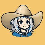  1girl absurdres blue_eyes blue_hair blush closed_mouth cowboy_hat fenner gawr_gura hat highres hololive hololive_english hood hood_down hoodie long_hair multicolored_hair orange_background sad simple_background solo streaked_hair textless white_hair 