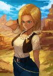  1girl android_18 black_vest blonde_hair blue_eyes blue_sky closed_mouth commentary_request day denim desert dragon_ball dragon_ball_(classic) earrings feet_out_of_frame gem hand_in_own_hair highres jewelry looking_at_viewer mountain nasubin_(user_tjyp5584) necklace outdoors pearl_(gemstone) pearl_necklace pendant rock sand scenery shirt short_hair short_sleeves sky solo vest white_shirt 