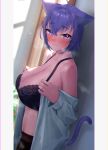  1girl animal_ear_fluff animal_ears black_bra blush bra breasts cat_ears cat_tail closed_mouth eyebrows_visible_through_hair frikulu highres hololive large_breasts light_smile nekomata_okayu purple_eyes purple_hair shirt short_hair smile solo sweat tail underwear virtual_youtuber white_shirt 