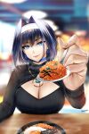  1girl bangs black_sweater blue_choker blue_eyes blue_hair blurry blurry_background bow bow_earrings breasts choker cleavage cleavage_cutout clothing_cutout earrings easonx hair_between_eyes hair_intakes hairband highres holding holding_spoon hololive hololive_english incoming_food jewelry large_breasts long_sleeves looking_at_viewer medium_hair necklace ouro_kronii parted_lips roe signature solo spoon sweater turtleneck turtleneck_sweater upper_body virtual_youtuber white_hairband 