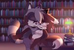  absurd_res anthro anuchasart bodily_fluids brown_body brown_fur canid canine canis drooling duo english_text eyewear fan_character female fur furniture glasses grey_body grey_fur hi_res humanoid interspecies library male male/female mammal on_table passionate penetration procyonid raccoon saliva sega sex sonic_the_hedgehog_(series) stealth_sex table text vaginal vaginal_penetration white_body white_fur wolf 