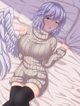  1girl absurdres angel_wings baketsumuri bed_sheet black_legwear blush breasts dress eyebrows_visible_through_hair feathered_wings highres kishin_sagume large_breasts looking_at_viewer lying on_back pillow purple_eyes short_hair solo sweater thighhighs touhou turtleneck wings 
