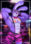  abs absurd_res anthro biceps bottomwear clothed clothing ear_piercing ear_ring eyewear five_nights_at_freddy&#039;s glamrock_bonnie_(fnaf) hi_res lagomorph led_owo leporid male mammal muscular muscular_anthro muscular_male nipples pants pecs piercing rabbit scottgames solo sunglasses suspenders topless video_games 