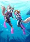  absurd_res anthro canid canine canis chef_cheiro_(artist) diving domestic_dog duo female female/female hand_holding hi_res mammal ocaritna ocaritna_(character) okane_akemi scuba underwater water wetsuit wolf 