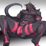  1:1 aaassstaro abs anthro anus blush bulge canid canine canis clothing genital_outline harness heian_(aaassstaro) hi_res hybrid lingerie male mammal mostly_nude muscular muscular_anthro muscular_male nipples pecs penis_outline reptile scalie smile solo thong underwear wolf 