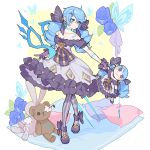  1girl bangs bare_shoulders black_bow blue_flower blue_hair bow breasts character_doll collarbone dress drill_hair flower frilled_dress frills gloves grey_dress gwen_(league_of_legends) hair_bow hair_ornament highres holding league_of_legends long_hair medium_breasts oversized_object pantyhose pillow puffy_short_sleeves puffy_sleeves purple_gloves scar scissors shiny shiny_hair short_sleeves solo striped striped_legwear stuffed_animal stuffed_bunny stuffed_toy teddy_bear twin_drills x_hair_ornament ztdlb 
