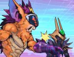  2boys abs alternate_costume black_skin colored_skin final_boss_veigar gauntlets gnar_(league_of_legends) goggles hand_up helmet large_ears league_of_legends multiple_boys phantom_ix_row teeth tusks upper_body veigar yordle 