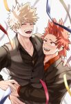  2boys bakugou_katsuki bangs black_jacket black_shirt black_vest blonde_hair blush boku_no_hero_academia carrying carrying_person closed_eyes collared_shirt donnaoneone earrings highres jacket jewelry kirishima_eijirou looking_at_another male_focus multiple_boys open_mouth red_eyes red_hair red_shirt sharp_teeth shirt short_hair smile streamers teeth vest 