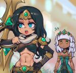  2girls bangs bare_shoulders black_gloves black_hair blunt_bangs blurry blurry_background bracelet breasts cleavage dress elbow_gloves flying_sweatdrops gloves green_dress green_eyes grey_hair holding holding_weapon jewelry large_breasts league_of_legends long_hair multiple_girls navel open_mouth phantom_ix_row qiyana_(league_of_legends) single_bare_shoulder sivir stomach strapless strapless_dress teeth tongue upper_teeth weapon 
