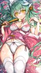  1girl bangs blush bra breasts choker cleavage dragon_girl dragon_horns eyebrows_visible_through_hair fate/grand_order fate_(series) folding_fan green_hair hand_fan highres horns kiyohime_(fate) long_hair looking_at_viewer medium_breasts morizono_shiki panties parted_lips petals pink_choker smile solo thighhighs thighs underwear white_bra white_panties yellow_eyes 