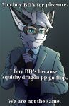  anthro clothing dialogue dragon english_text eyewear fur furred_dragon glasses glue_(artist) hi_res horn looking_at_viewer male meme solo suit text 