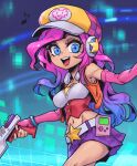  1girl :d arcade_miss_fortune bare_shoulders belt blue_eyes blue_hair breasts cleavage fingerless_gloves game_boy game_boy_(original) gloves gradient gradient_background green_background gun handheld_game_console headphones heart holding holding_gun holding_weapon league_of_legends long_hair looking_at_viewer medium_breasts miss_fortune_(league_of_legends) multicolored_hair navel official_alternate_costume phantom_ix_row pink_gloves pink_hair purple_skirt skirt smile solo teeth tongue two-tone_hair upper_teeth weapon white_belt 