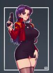  1girl absurdres black_hair black_legwear black_nails breasts brown_eyes closed_mouth cross cross_necklace earrings eyebrows_visible_through_hair gun handgun highres holding holding_gun holding_weapon jewelry katsuragi_misato large_breasts lips long_hair looking_at_viewer necklace neon_genesis_evangelion pistol riz smile solo stud_earrings thighhighs weapon 