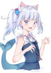  1girl :d absurdres animal_ear_fluff animal_ears auui blue_dress blue_eyes blue_hair cat_ears commentary_request cropped_torso dress fish_tail gawr_gura hair_cubes hair_ornament hands_up highres hololive hololive_english looking_at_viewer multicolored_hair shark_tail sharp_teeth shirt side_ponytail sidelocks silver_hair simple_background sleeveless sleeveless_dress sleeveless_shirt smile solo streaked_hair tail teeth virtual_youtuber white_background white_shirt 