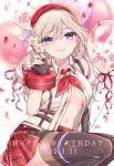  1girl alisa_ilinichina_amiella balloon bangs bare_shoulders black_legwear blue_eyes boots bracer breasts cleavage closed_mouth collared_shirt commentary cowboy_shot dated elbow_gloves eyebrows_visible_through_hair fingerless_gloves flower gloves god_eater god_eater_2:_rage_burst hair_between_eyes hand_up happy_birthday hat highres holding holding_flower io_(1033k) large_breasts long_hair looking_at_viewer navel neckerchief partially_unbuttoned plaid plaid_skirt red_neckerchief red_skirt shirt sidelocks silver_hair simple_background skirt sleeveless sleeveless_shirt smile solo squatting stomach thigh_boots thighhighs white_background white_shirt zettai_ryouiki 