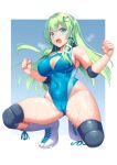  1girl blue_swimsuit blush boots breasts clenched_hand clenched_hands competition_swimsuit cross-laced_footwear frog_hair_ornament green_hair hair_ornament hair_tubes highleg kochiya_sanae lace-up_boots large_breasts long_hair looking_at_viewer one-piece_swimsuit open_mouth snake_hair_ornament solo squatting swimsuit thighhighs tokyo_yamane touhou 