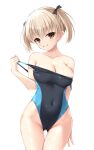  1girl areola_slip areolae blonde_hair breasts brown_eyes cameltoe cleavage clothes_pull commission competition_swimsuit covered_navel cowboy_shot groin highres kore_wa_zombie_desu_ka? kyouko_(kore_wa_zombie_desu_ka?) large_breasts looking_at_viewer ncontrail_(mgax7527) one-piece_swimsuit parted_lips short_hair simple_background skeb_commission solo swimsuit swimsuit_pull twintails white_background 