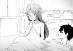  1boy 1girl bed blanket condom condom_wrapper greyscale hangover long_hair monochrome nervous nude on_bed princess_connect! sleep_bubble sleeping sleeping_bag smile sweat trembling used_condom waking_up window yue_(show-ei) yukari_(princess_connect!) yukari_(real)_(princess_connect!) yuuki_(princess_connect!) 