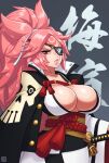  1girl absurdres artist_name baiken breasts cleavage collarbone eyebrows eyepatch guilty_gear highres large_breasts lips long_hair long_sleeves looking_at_viewer parted_lips pink_eyes pink_hair ponytail ringed_eyes riz sheath sheathed solo sword weapon 