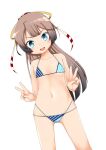  1girl bikini brown_hair buttons covered_nipples double-breasted flat_chest grey_eyes hair_ribbon highres kantai_collection kazagumo_(kancolle) long_hair looking_at_viewer micro_bikini multi-strapped_bikini nassukun navel open_mouth ponytail ribbon round_teeth smile solo standing striped striped_bikini swimsuit teeth upper_teeth white_background 