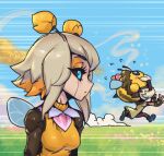  1boy 1girl antennae black_gloves black_sclera blonde_hair blue_background blue_eyes breasts brown_coat brown_pants coat colored_sclera fingerless_gloves flying_sweatdrops gloves goggles heimerdinger heimerstinger league_of_legends medium_breasts medium_hair orbeeanna orianna_(league_of_legends) outdoors pants phantom_ix_row profile running shiny shiny_clothes shiny_hair shoes wings yordle 