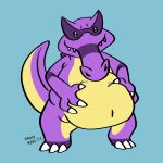  1:1 alligator alligatorid anthro belly big_belly claws crocodilian green_eyes hi_res holding_belly hybrid krookodile male nintendo pok&eacute;mon pok&eacute;mon_(species) purple_body rainy_ram reptile scalie sergio_the_buff smile smirk snout solo standing teeth toe_claws video_games yellow_belly 