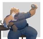  2022 anthro arkross1999 belly big_belly bottomwear bulge cellphone clothing domestic_cat duo felid feline felis feral hi_res humanoid_hands kemono male mammal overweight overweight_male pants phone shirt simple_background sitting smartphone topwear ursid 