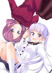  2girls black_legwear blue_eyes blush closed_mouth coat eyebrows_visible_through_hair highres long_hair looking_at_viewer multiple_girls new_game! open_mouth pantyhose purple_eyes purple_hair short_hair smile socks suzukaze_aoba tokunou_shoutarou tooyama_rin twintails white_coat white_legwear 