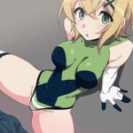  1boy 1girl akatsuki_kirika blonde_hair breasts bulge covered_navel green_eyes green_leotard hair_ornament highres impossible_clothes impossible_leotard kuro_mushi leotard looking_at_viewer medium_breasts senki_zesshou_symphogear shiny shiny_clothes shiny_hair shiny_skin short_hair sitting skin_tight solo_focus spread_legs striped x_hair_ornament 