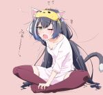 1girl animal_ears bangs black_hair blindfold blindfold_lift breasts cat_ears cat_tail cleavage eyebrows_visible_through_hair highres indian_style karyl_(princess_connect!) long_hair matatabi_(2ccp) one_eye_closed pajamas princess_connect! purple_legwear sitting small_breasts solo tail tears thighhighs very_long_hair yawning 