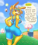  animal_crossing annoyed anthro astralsheep bodysuit breasts buckteeth butt cherry_blossom cherry_tree clothing costume dialogue english_text female fruit_tree fur gift_box green_eyes hands_on_hips hi_res lagomorph leporid looking_at_viewer looking_back mammal nintendo outside overalls overalls_only pigtails plant rabbit side_boob skinsuit solo teeth text tight_clothing tree video_games waterfall yellow_body yellow_fur zipper zipper_t._bunny 